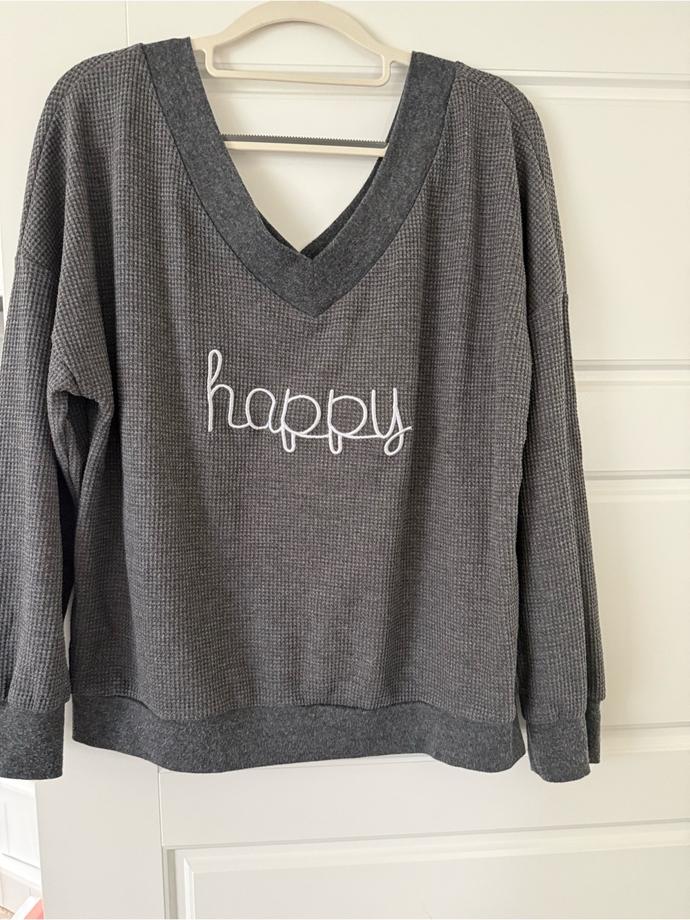 Happy Script V-Neck Waffle Knit Sweater - Gray